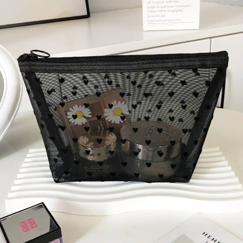 Black Love Mesh Portable Make Up Bag