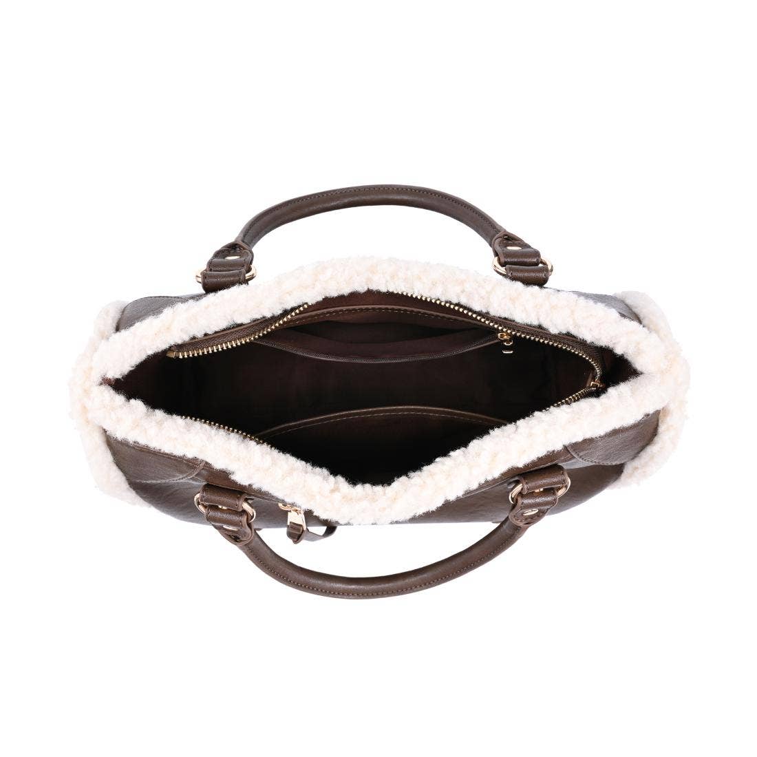 Shearling-trim vegan leather Satchel - chocolate