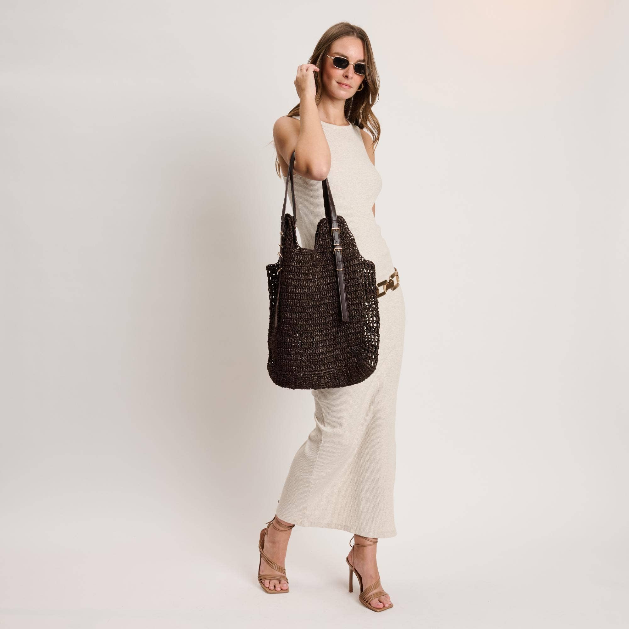 Handwoven Tote with buckle straps - chocolate