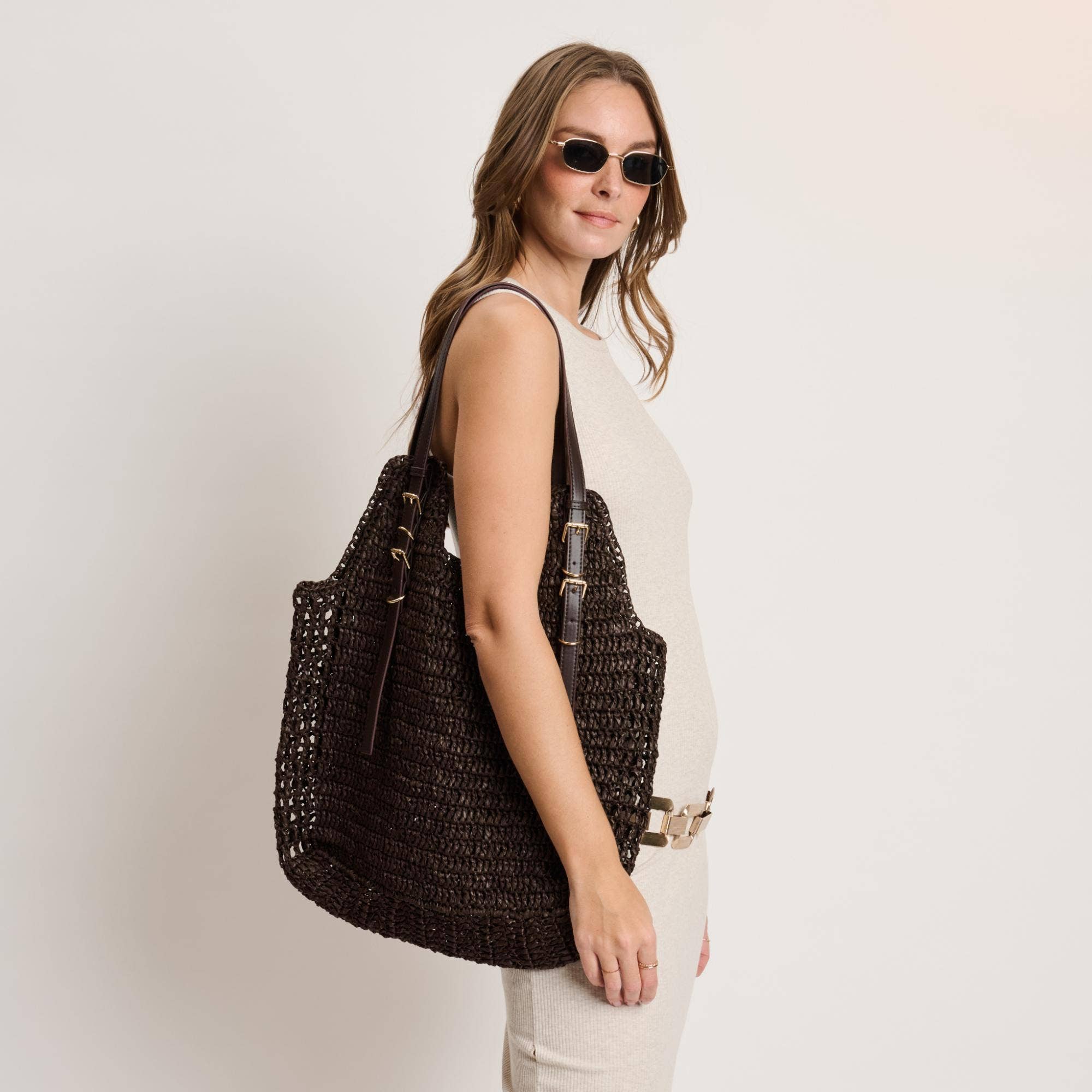 Handwoven Tote with buckle straps - chocolate