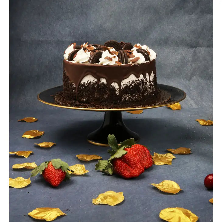 Black Alabaster Cake Plate on Stem With Gold Rim