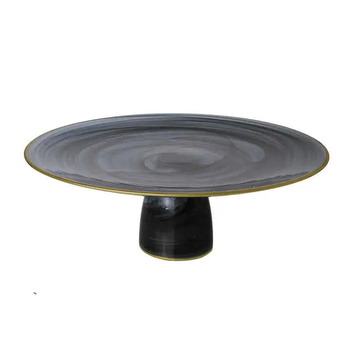 Black Alabaster Cake Plate on Stem With Gold Rim