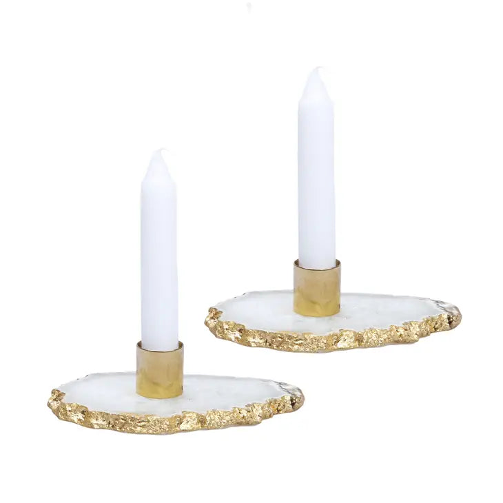 Candle Holder - Flat Agate Stone - Set/2