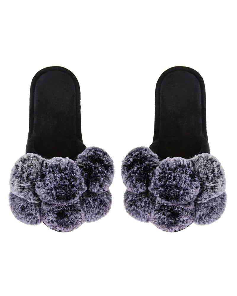 Luxe Pom Pom Open Toe Blush Slippers | Charcoal