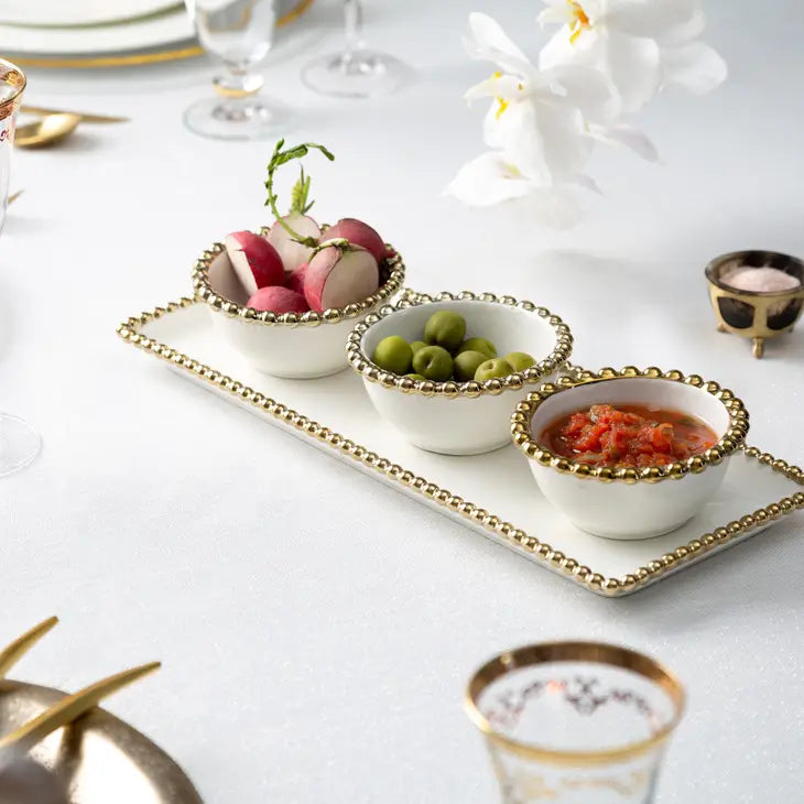 Plat à condiments en porcelaine blanche à 3 bols avec motif perlé doré