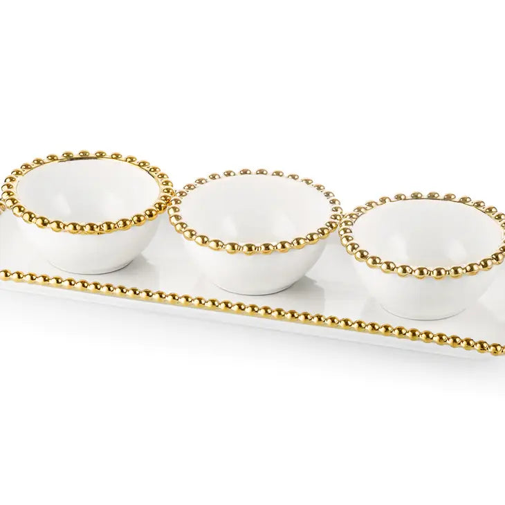 Plat à condiments en porcelaine blanche à 3 bols avec motif perlé doré