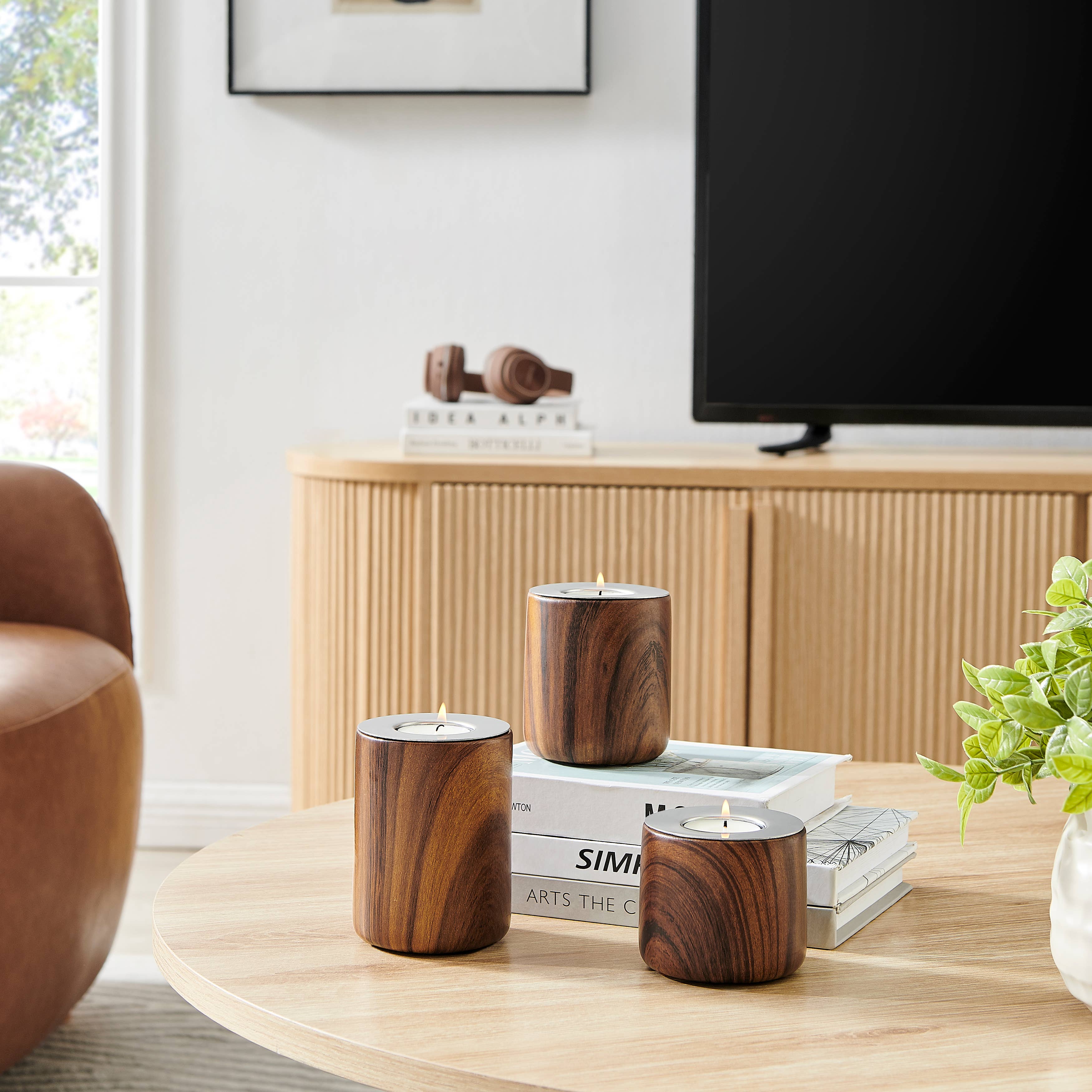 Hemming Modern Walnut Finish Tealight Candle Holder Set of 3