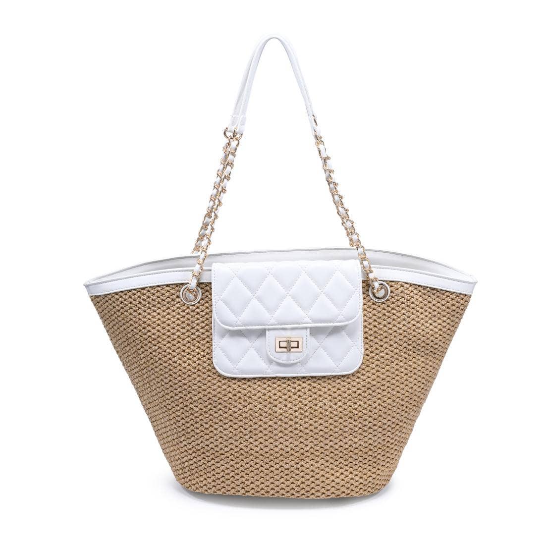 Woven Tote with quilted front pocket - natural white