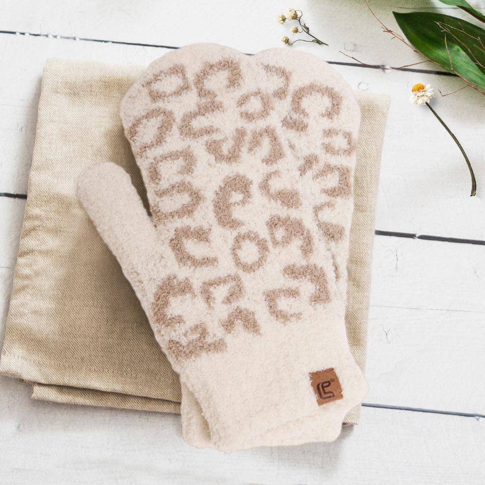 Soft Fuzzy Leopard Mitten Gloves -beige