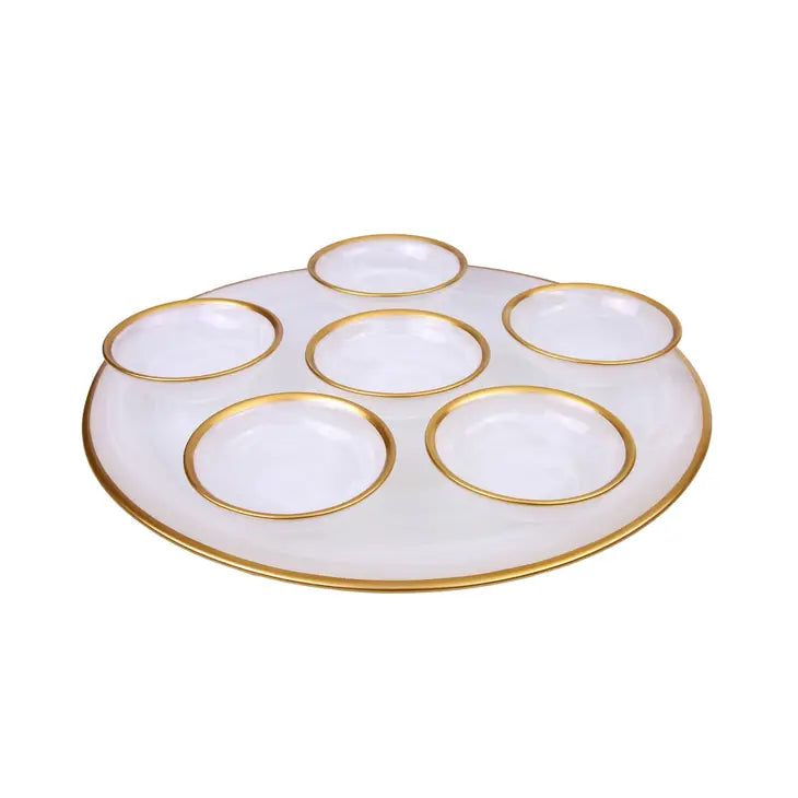 Glass Seder Plate - White Glass Alabaster with 6 Bowls