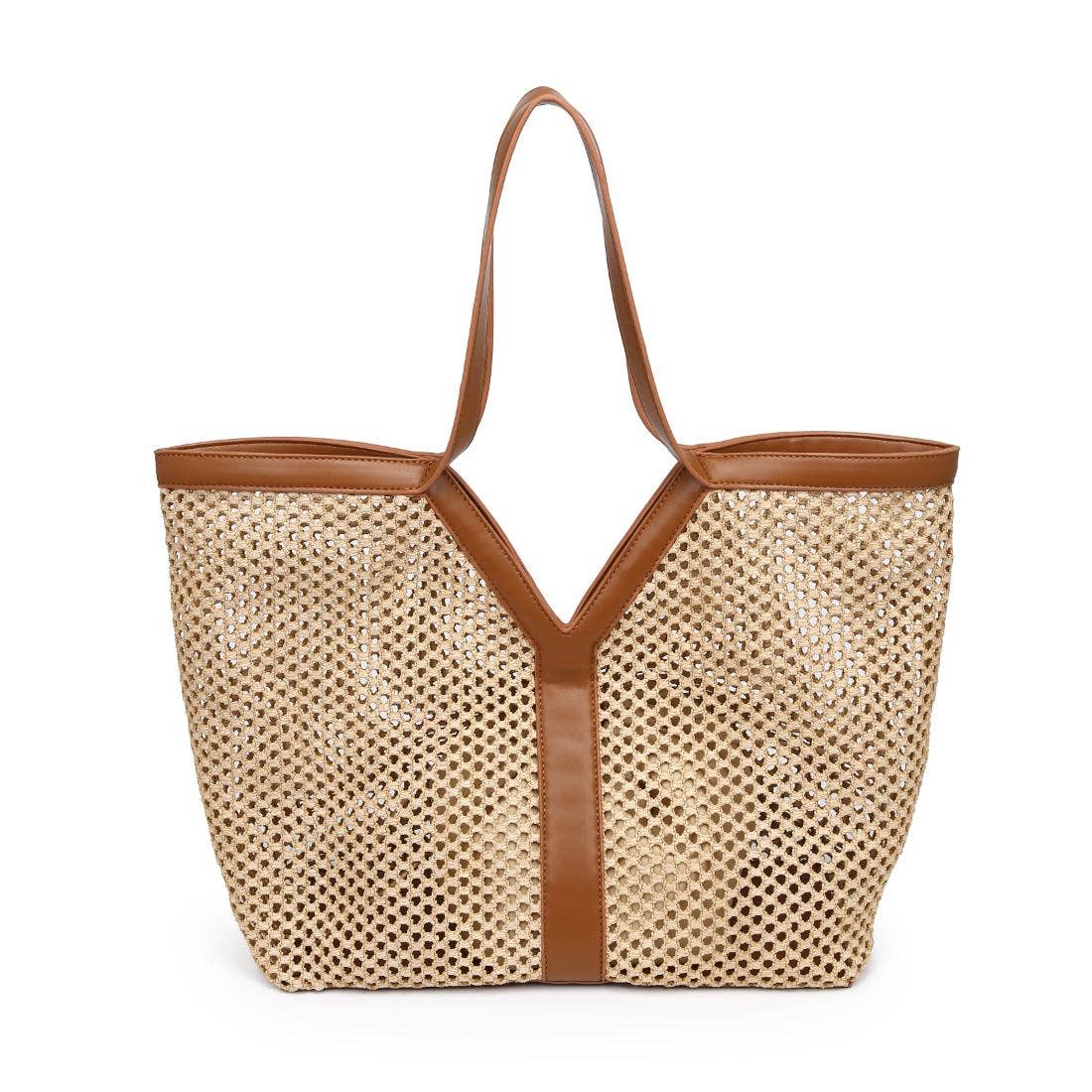 Large straw woven v-panel Tote