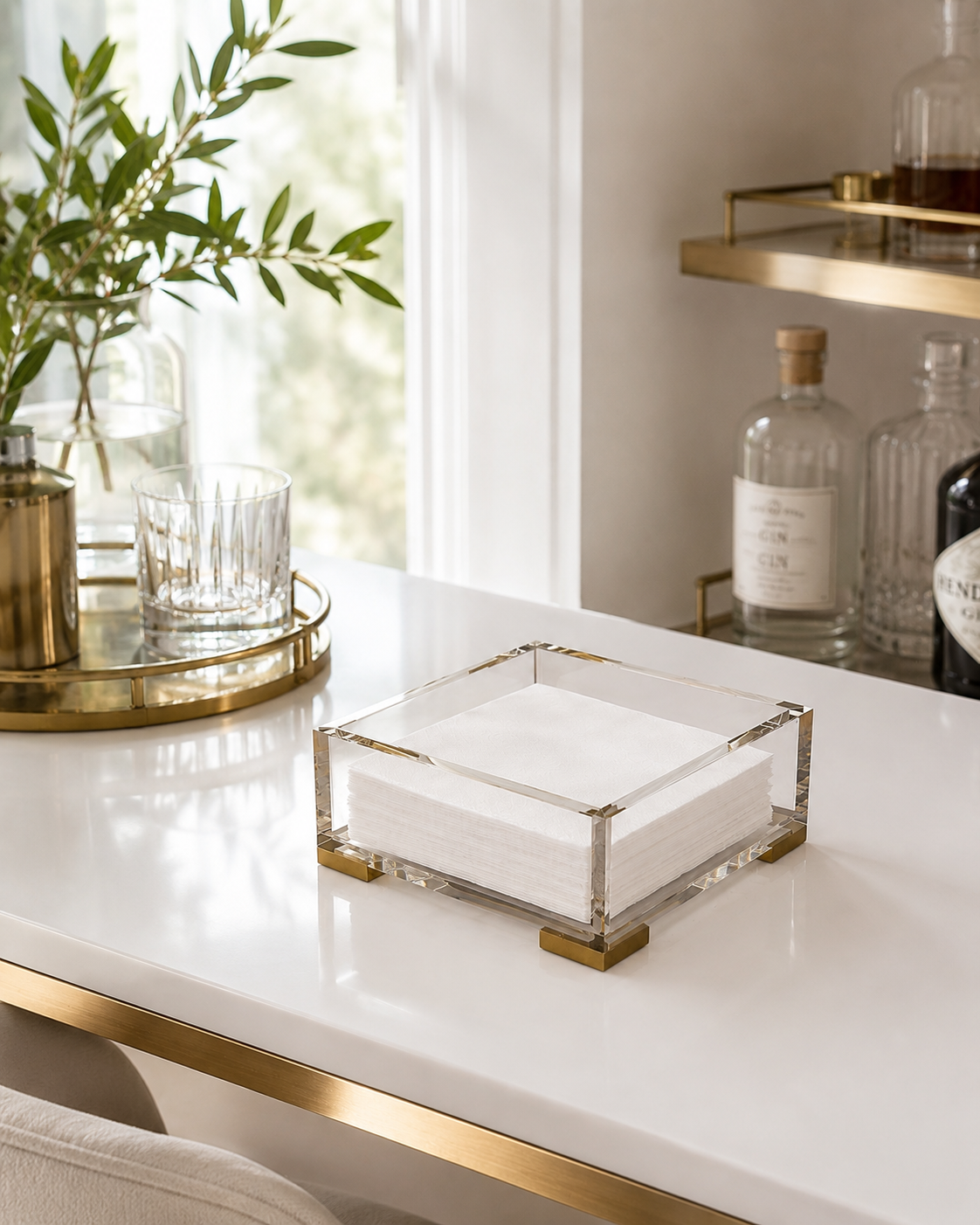 Clear Acrylic Cocktail Napkin Holder, Brass Corners