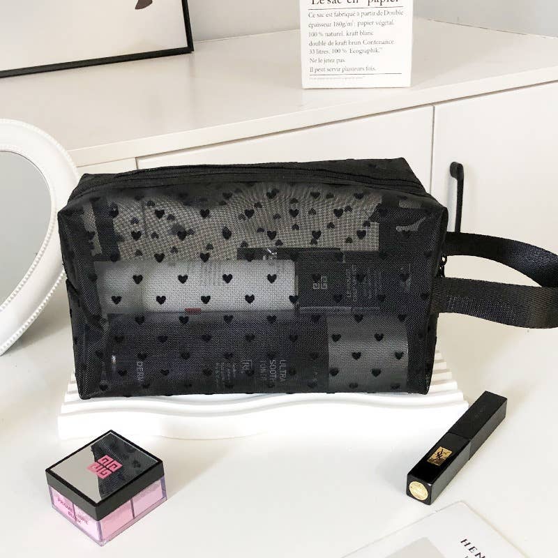 Black Love Mesh Portable Make Up Bag