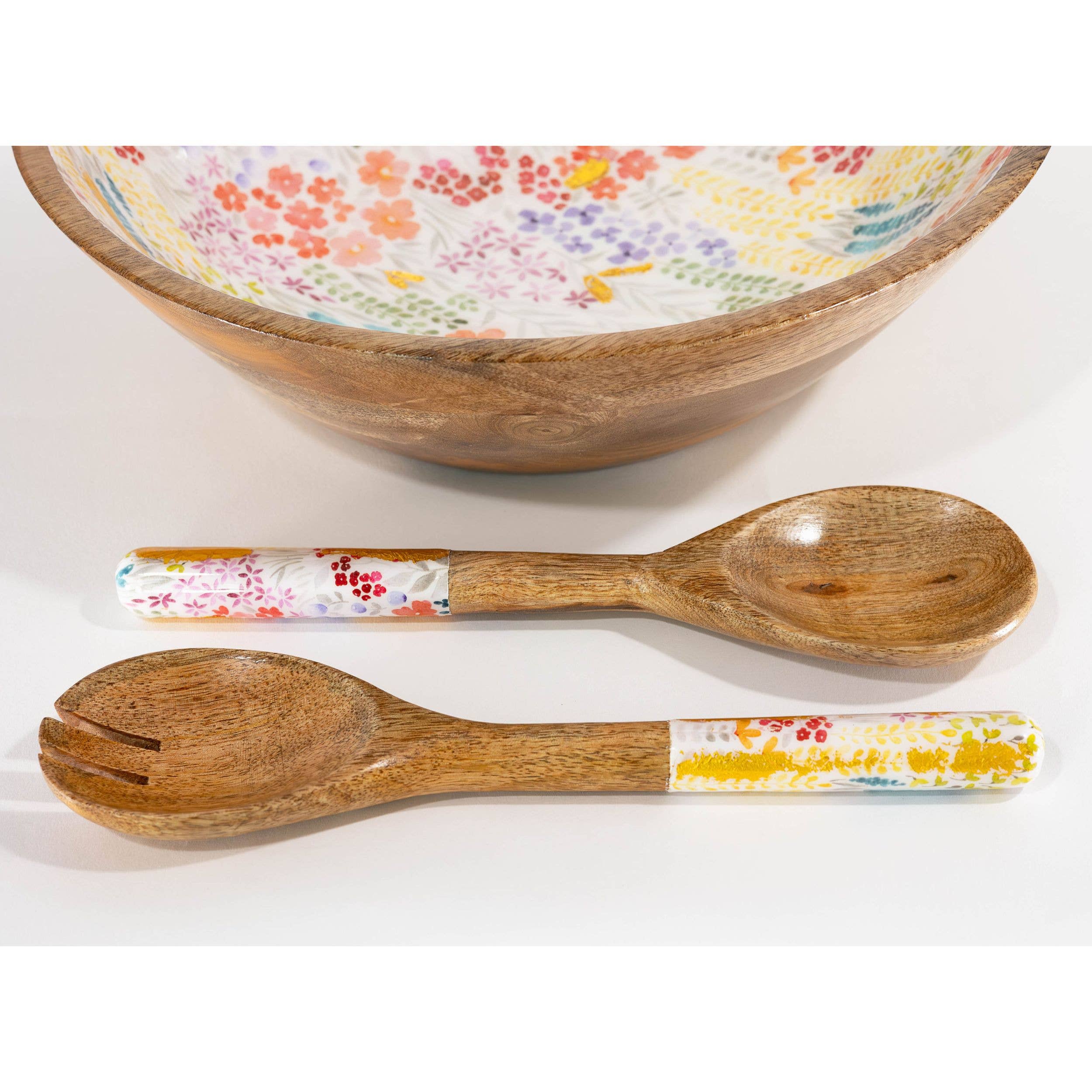 Large Floral Gold Foil Bowl and Salad Servers Set