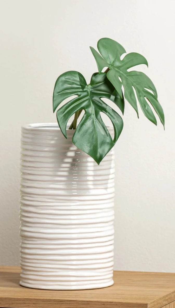Vase - Cylinder Ripple White Ceramic -9.75"