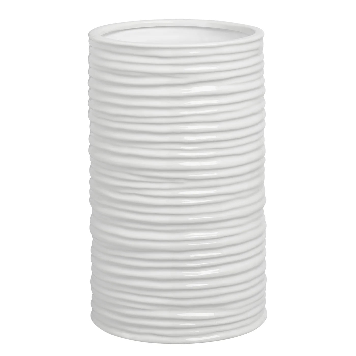 Vase - Cylinder Ripple White Ceramic -9.75"