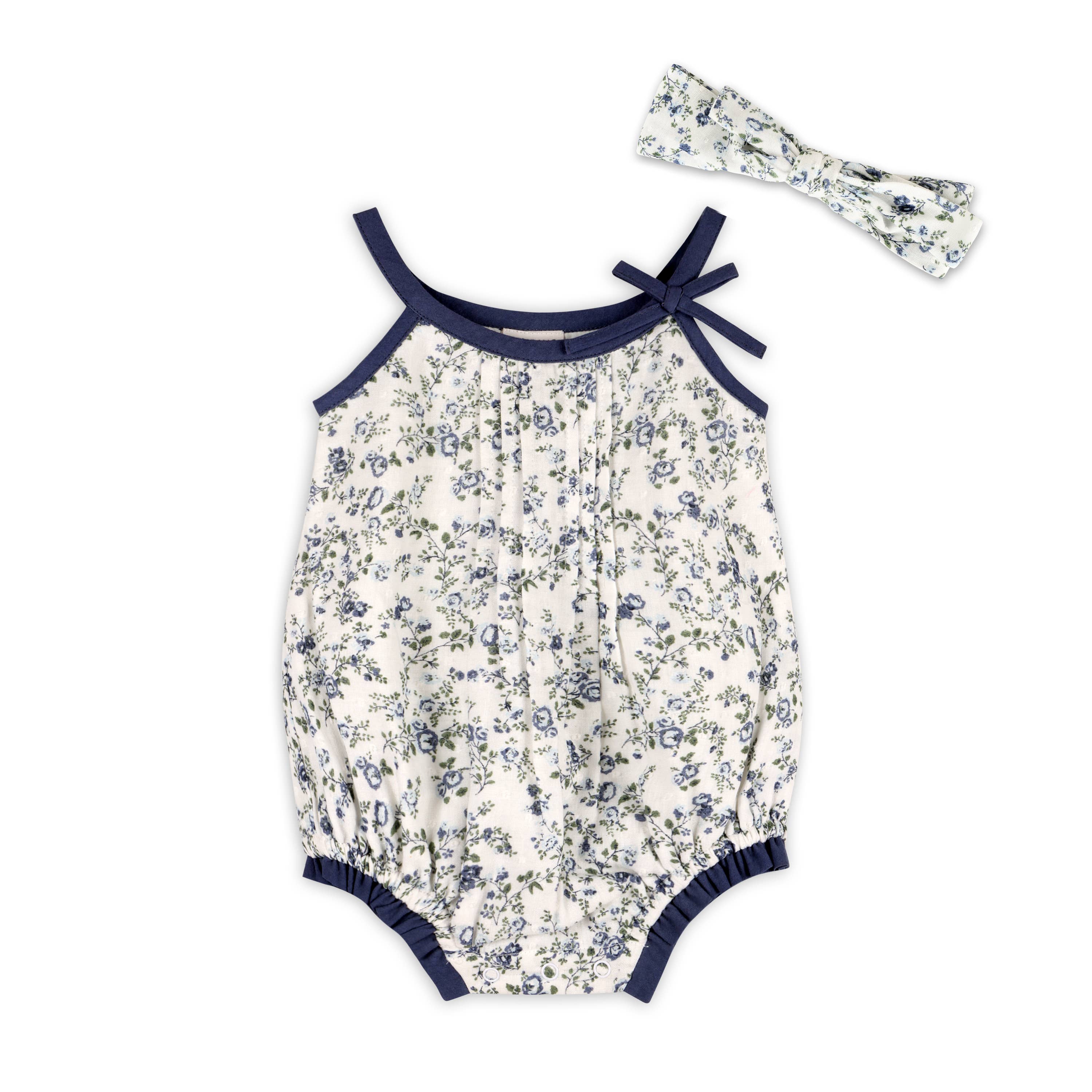 Navy Floral Muslin Baby Romper + Headband (organic)
