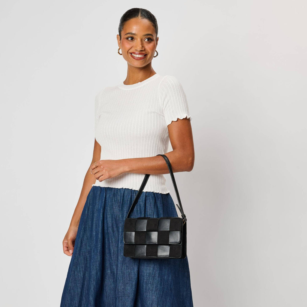 Vegan leather checkered Crossbody - black
