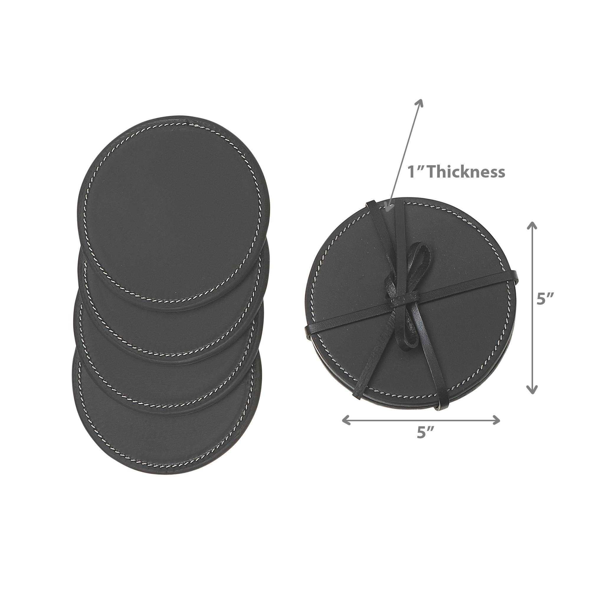 4Pc Round Genuine Leather Coasters Black