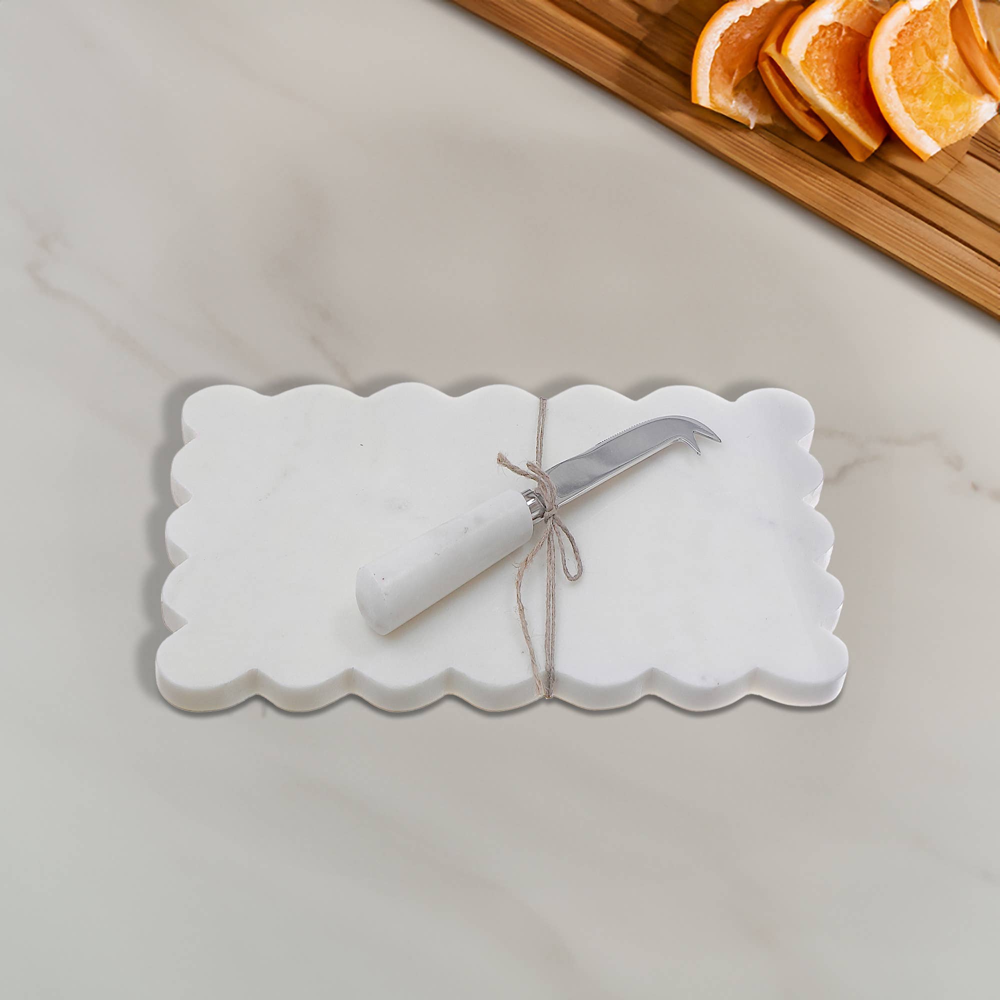 White Rectangle Scallop Marble Cheese Board & Spreader
