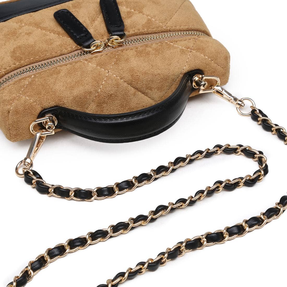 suede quilted vanity bag with chain