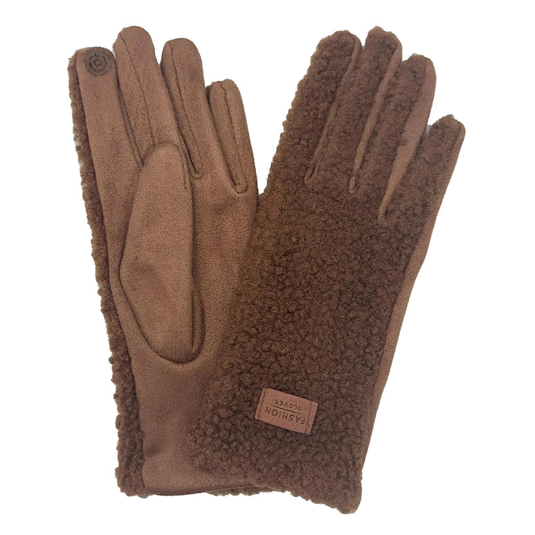 Fuzzy Sherpa Suede Smart Touch Winter Gloves BROWN