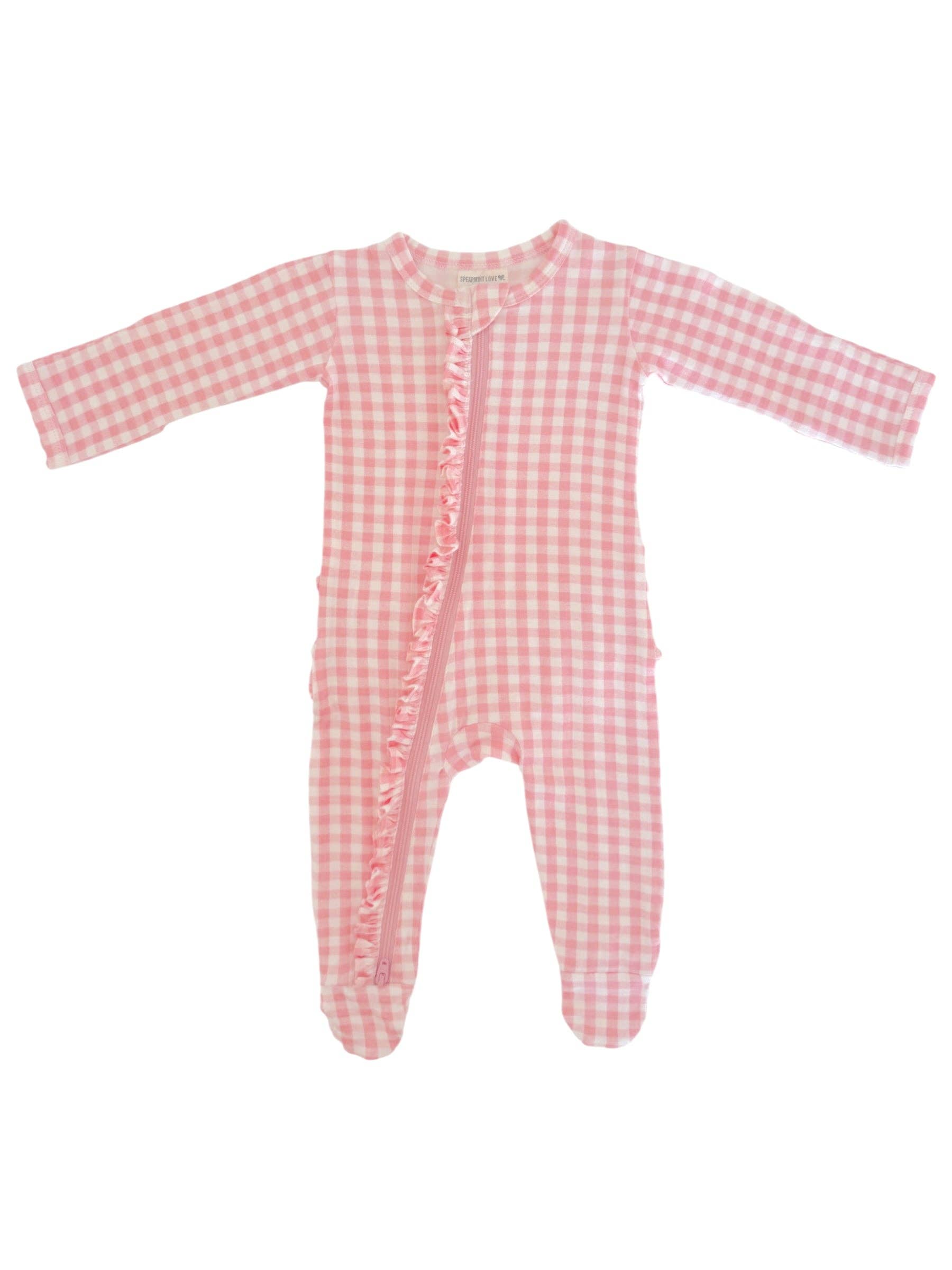 2-Way Zip Ruffle Footie, Pink Gingham