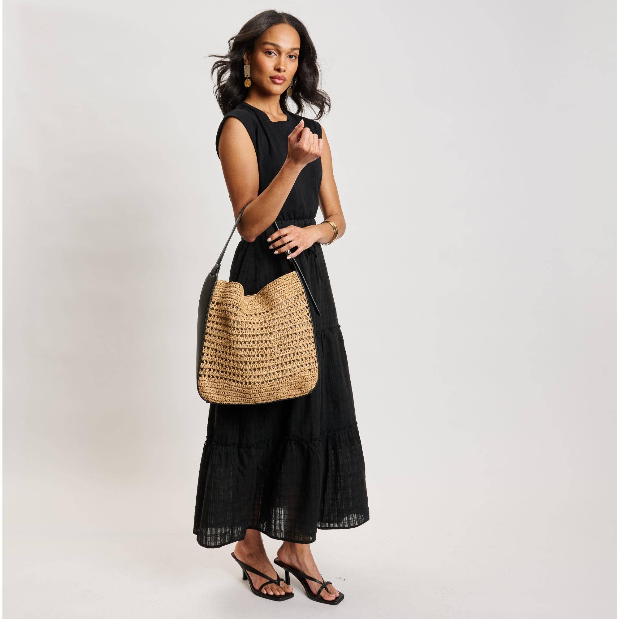 Sac Hobo en paille tressée - bordure noire