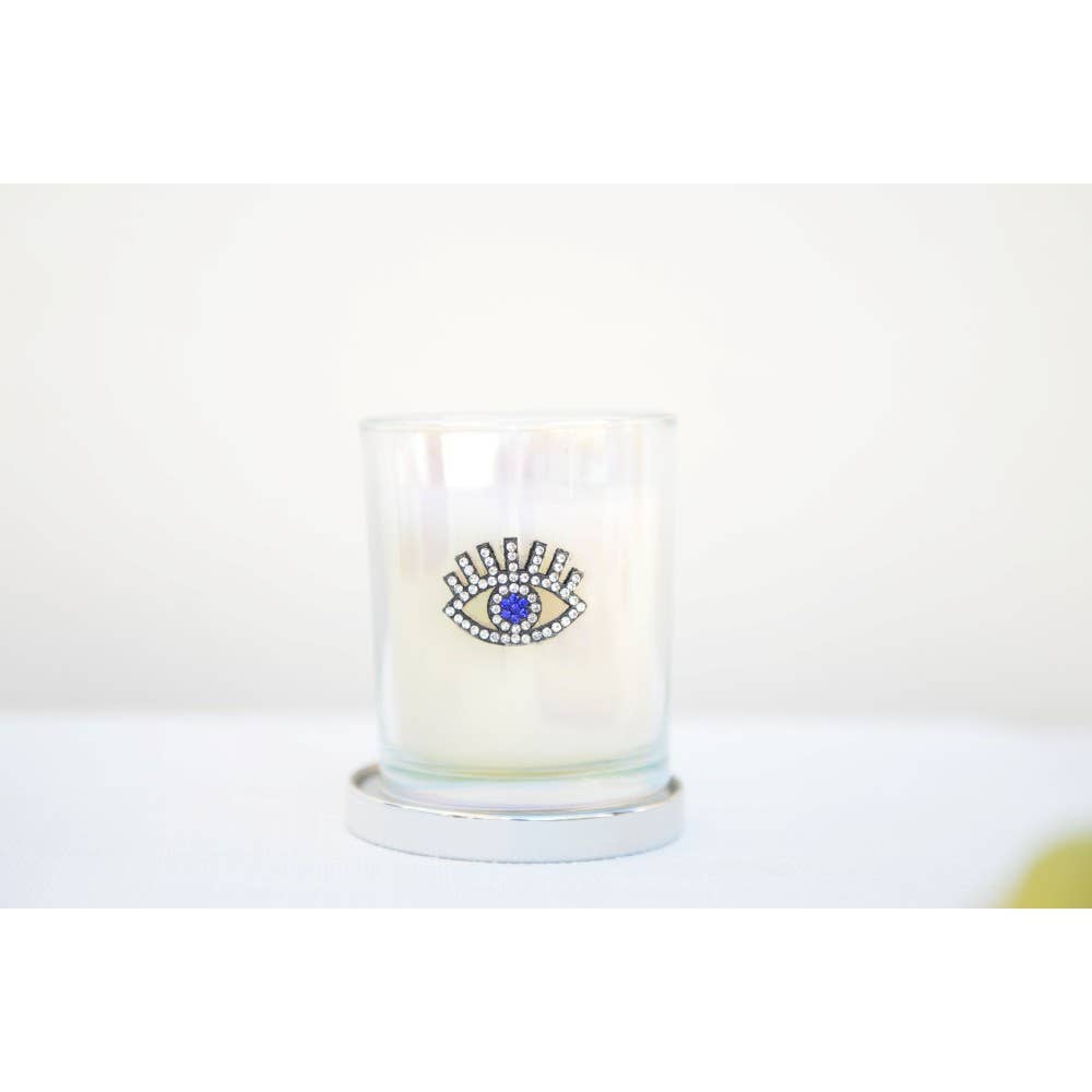 Silver evil eye patchouli candle