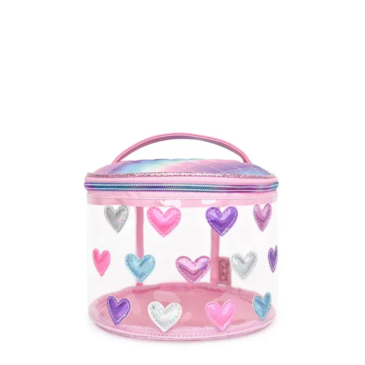 Metallic Heart-Patched Clear Round Glam Bag