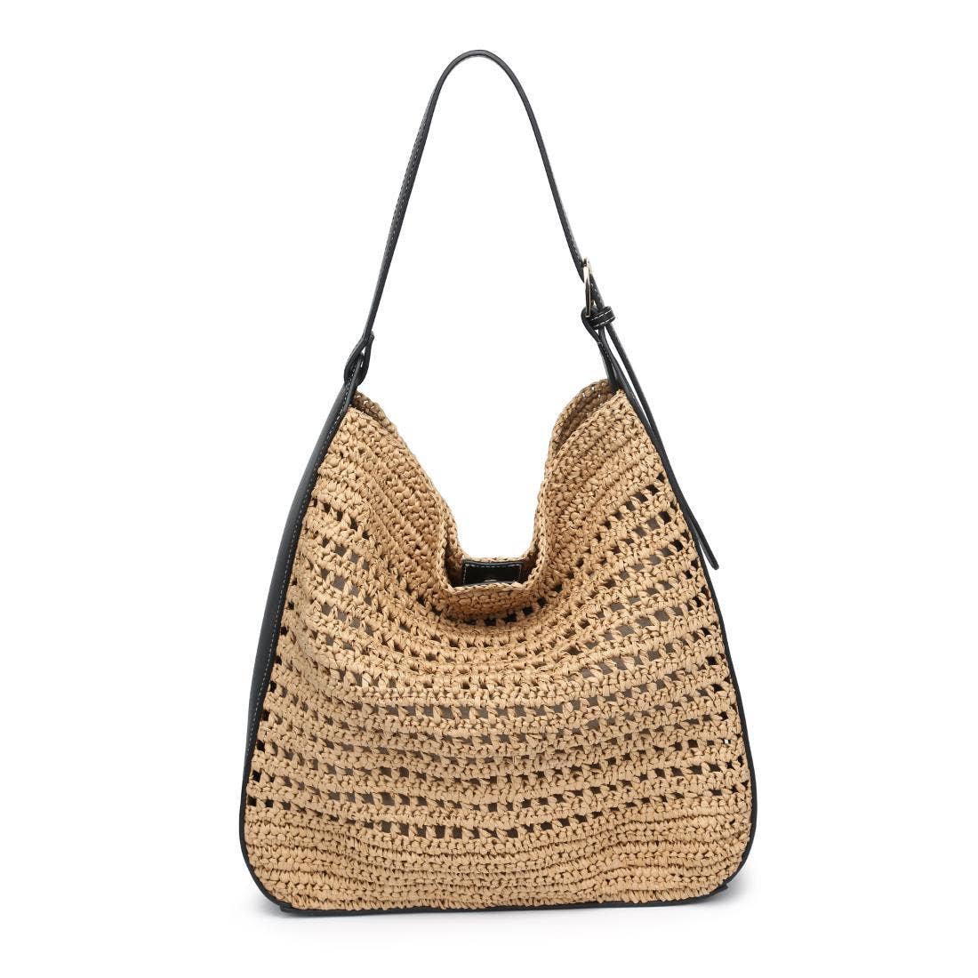 Sac Hobo en paille tressée - bordure noire