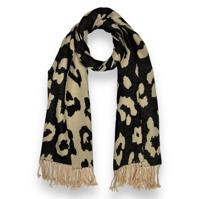 Leopard Print On Cashmere Blend Scarf Finished with Tassels - Cream