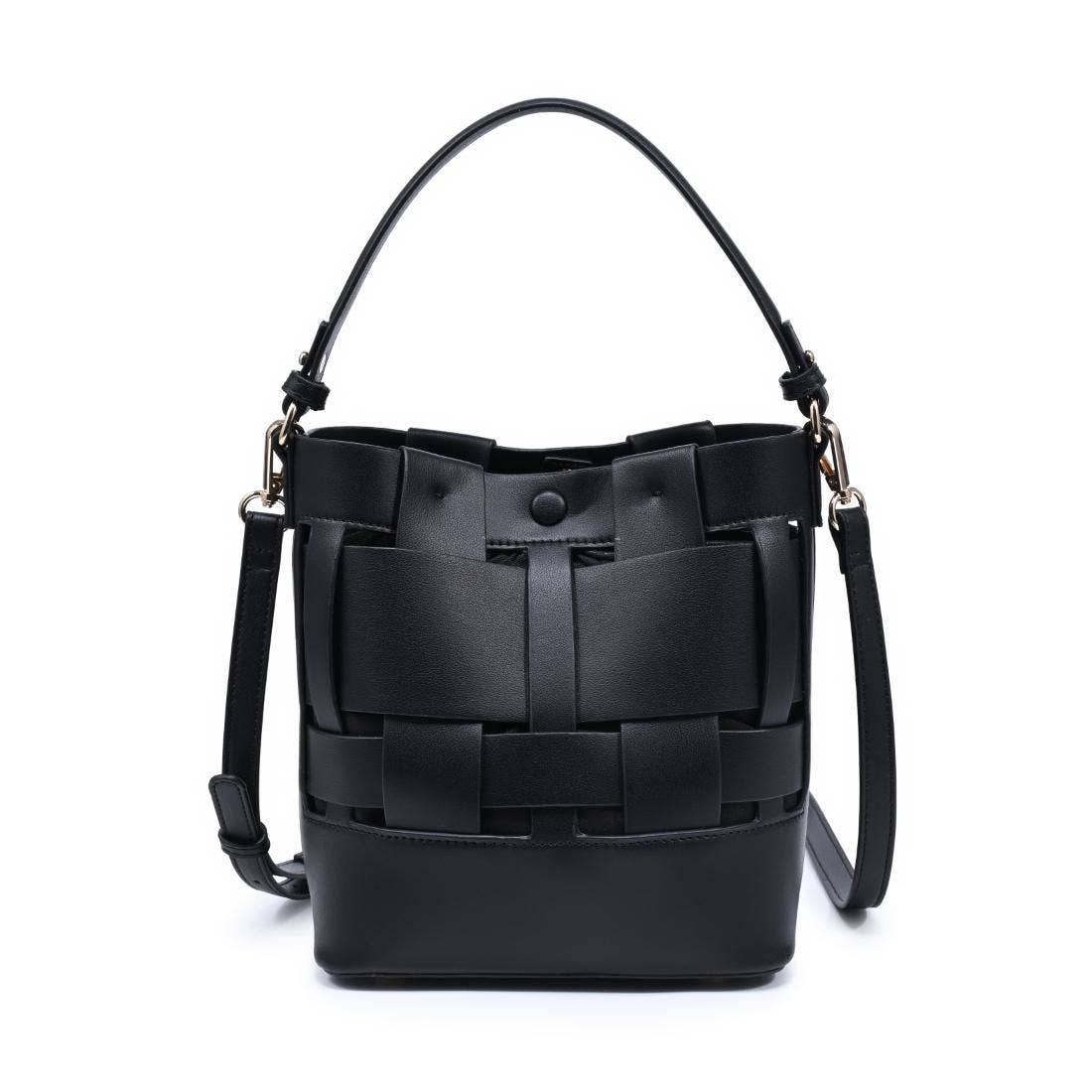 Woven-panel bucket bag - black