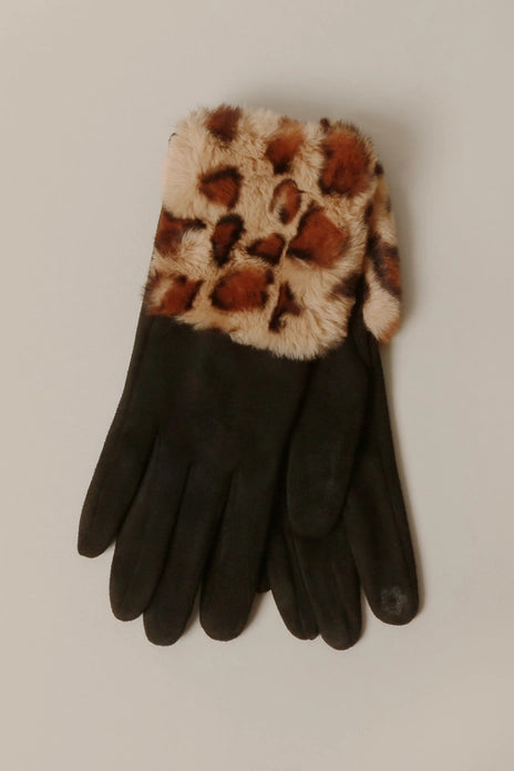 Black Suede W Faux Animal Fur Cuff Smart Gloves