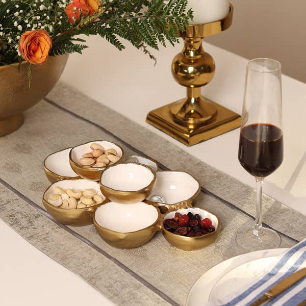 Gold 8-Bowl Cluster Dish with White Enamel