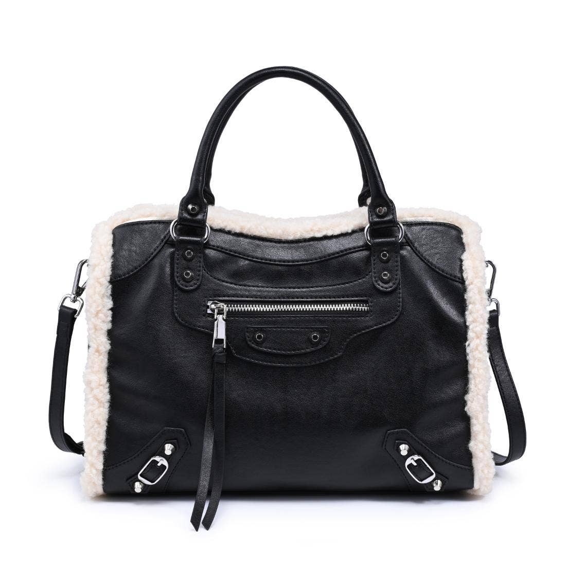 Shearling-trim vegan leather Satchel - black