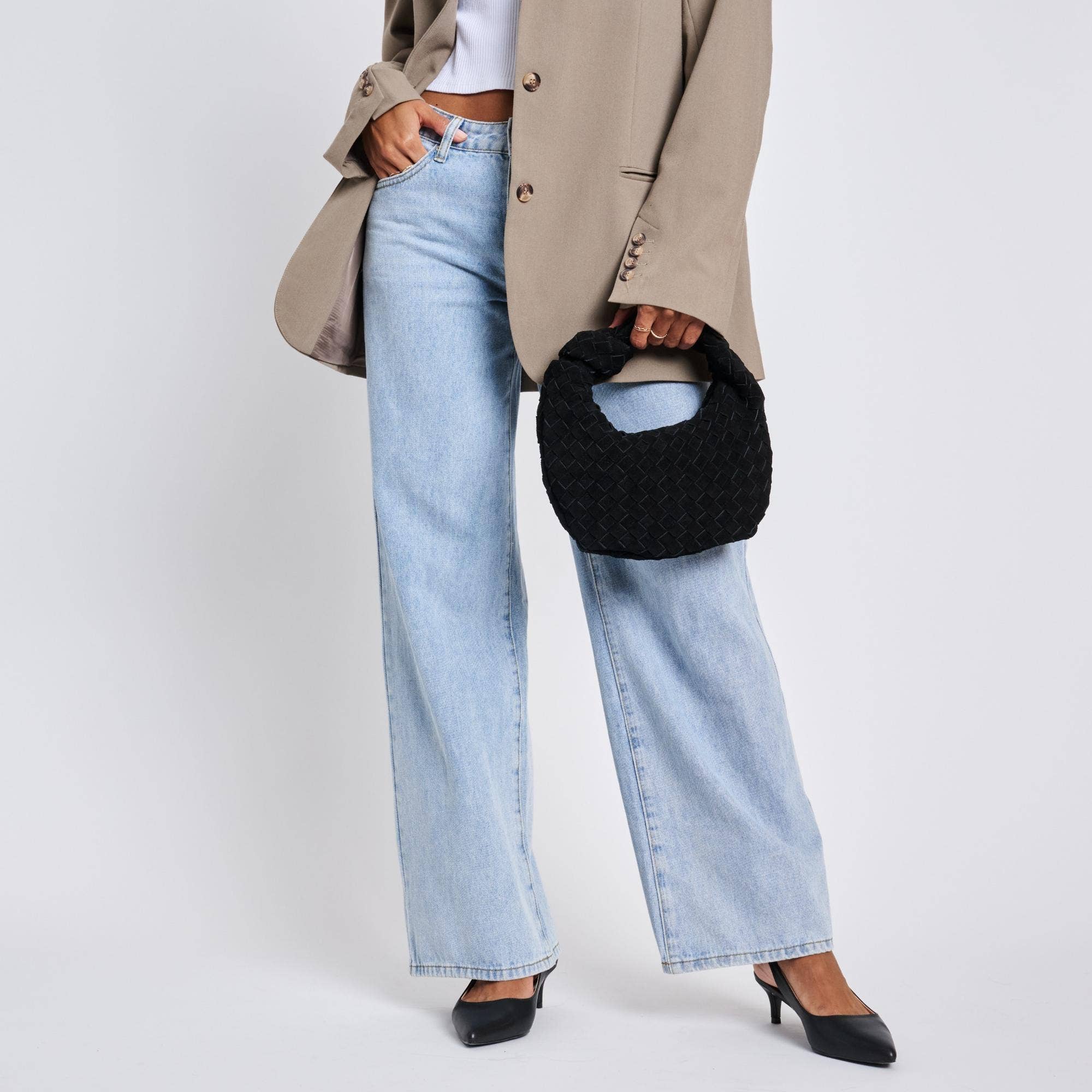 Woven Genuine Suede Leather Clutch - black