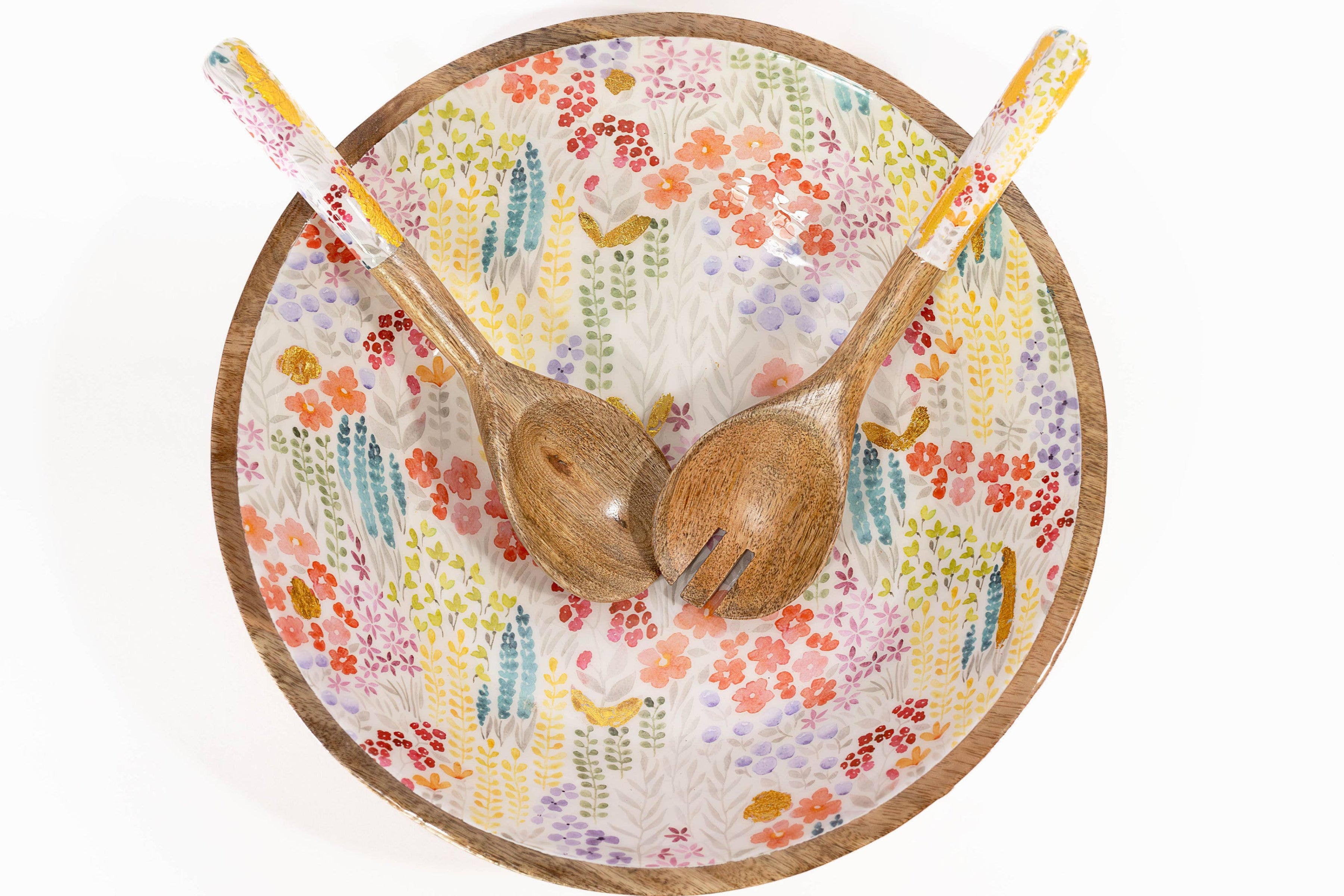 Large Floral Gold Foil Bowl and Salad Servers Set