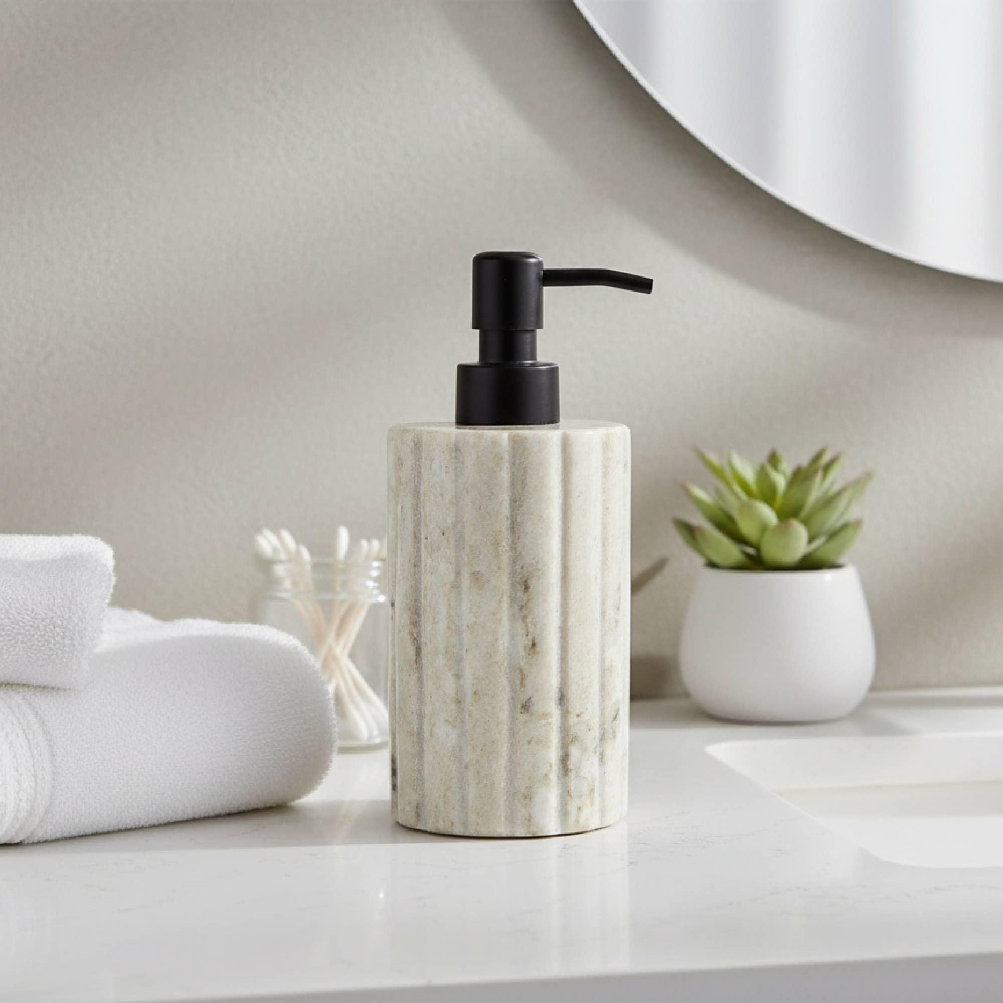 Beige ribbed Marble Dispenser w/ Black Pump