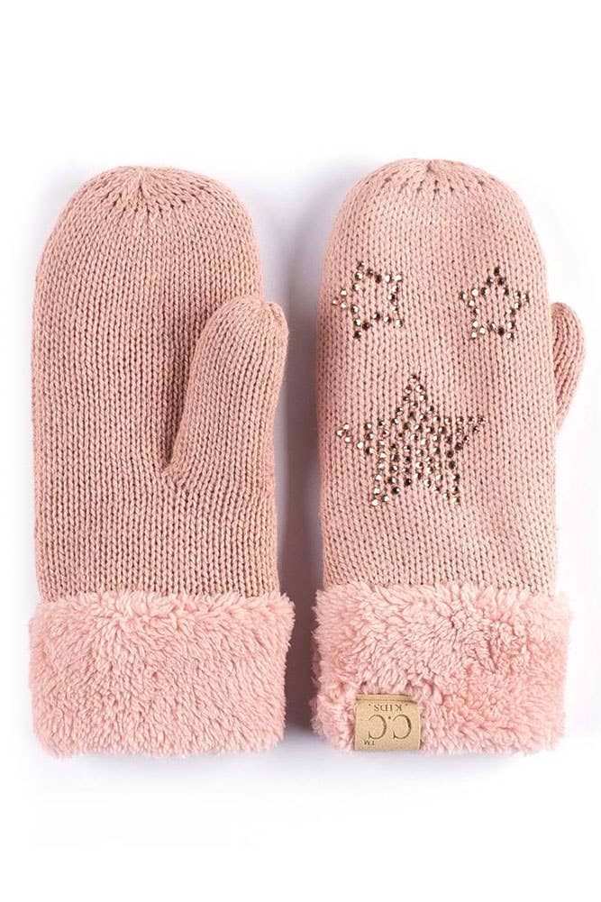 Kids Star Rhinestone Fur Cuff Knitted Mitten