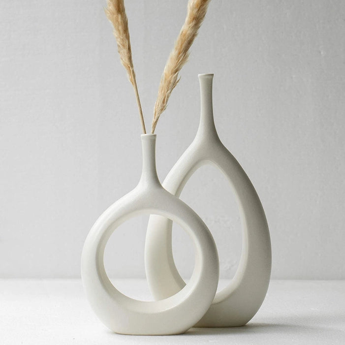 set of 2 white modern ceramic hollow vases