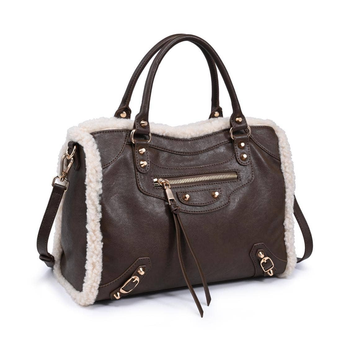 Shearling-trim vegan leather Satchel - chocolate