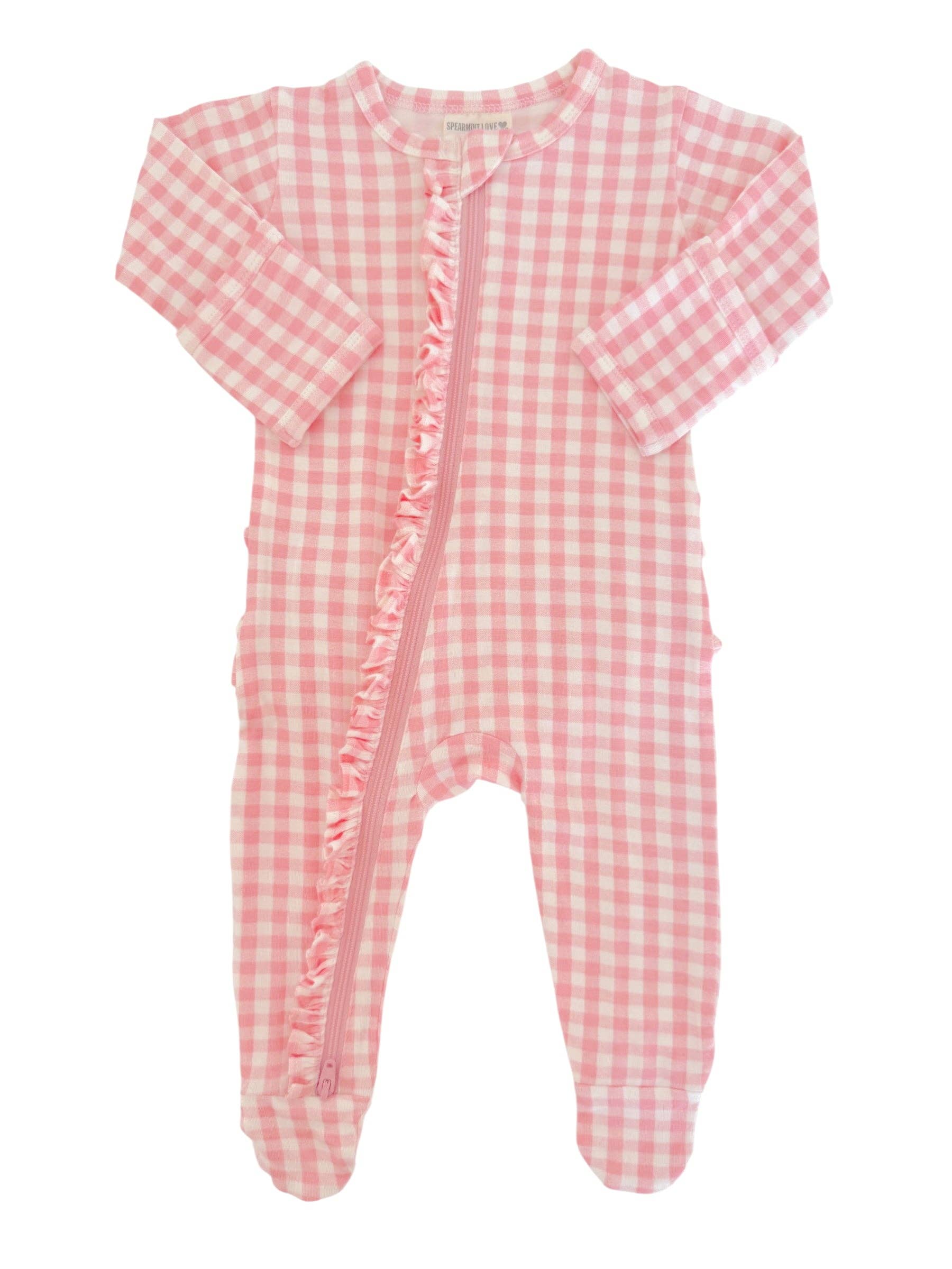 2-Way Zip Ruffle Footie, Pink Gingham