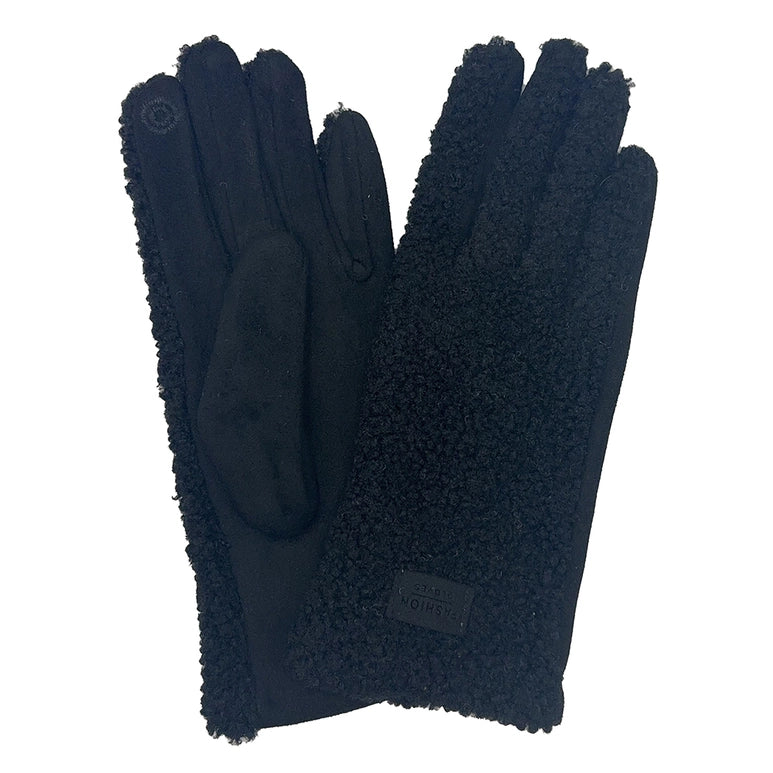 Fuzzy Sherpa Suede Smart Touch Winter Gloves Black