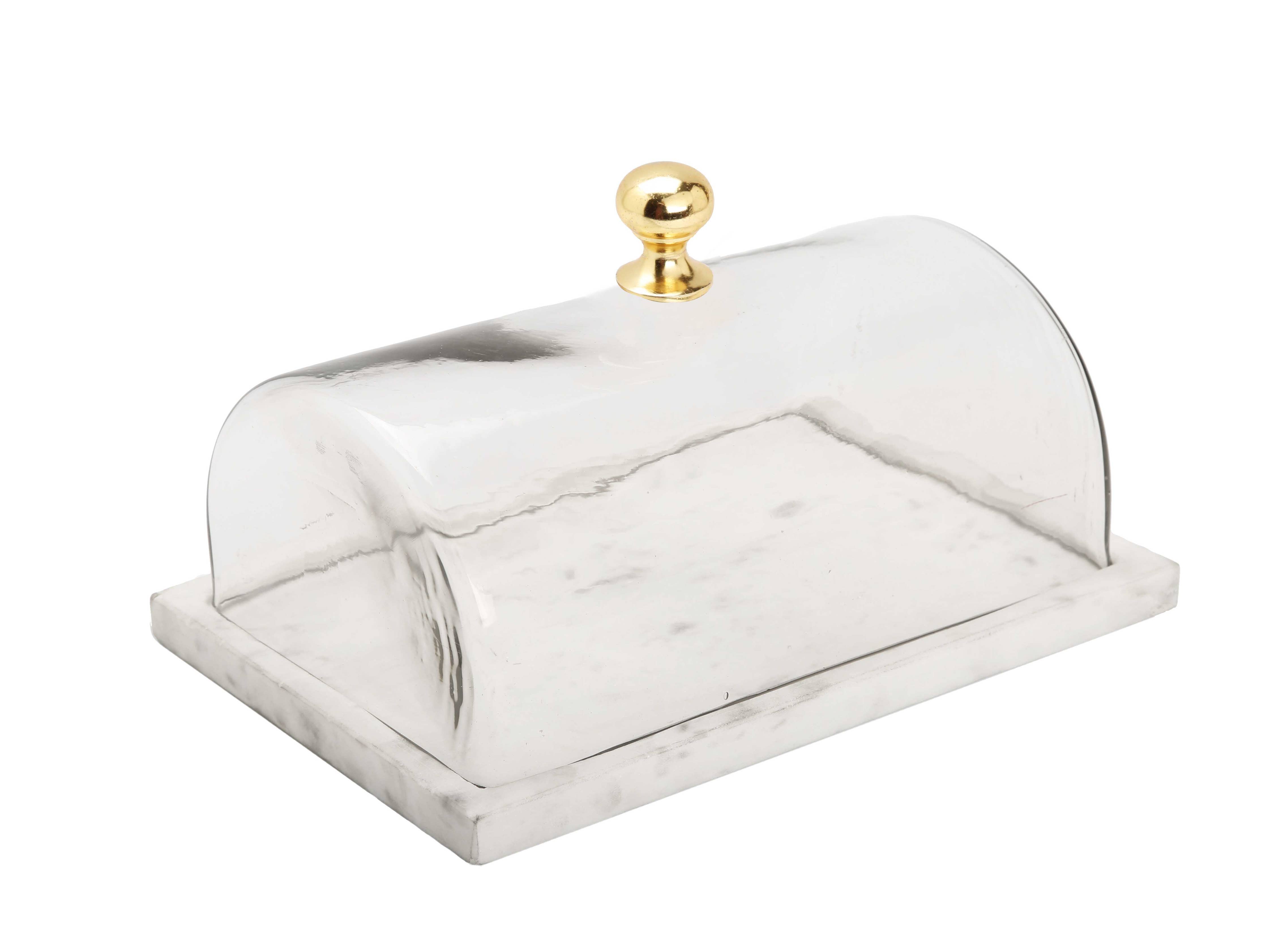 Rectangular Marble Cake Dome with Gold Knob - Large