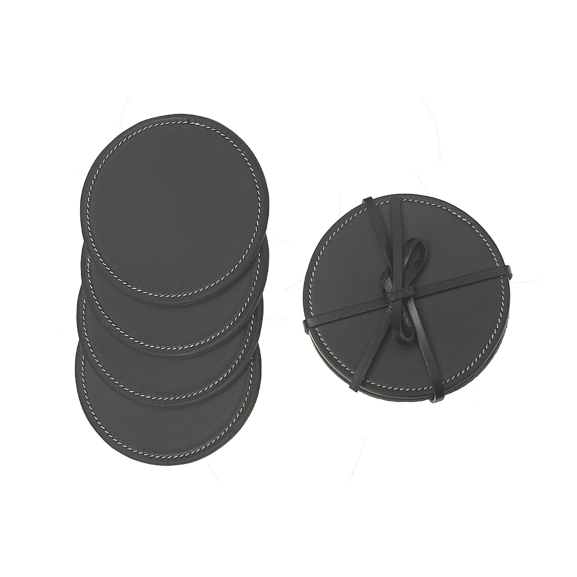 4Pc Round Genuine Leather Coasters Black
