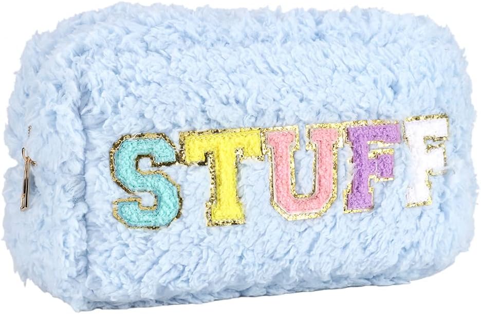 Lettering Patchwork Fleece Cosmetic Bag - Light Blue stuff