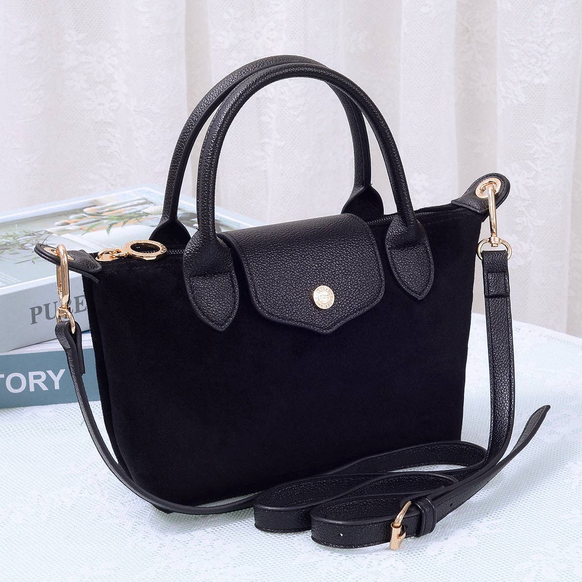 Suede Double Handle Crossbody Bag - black