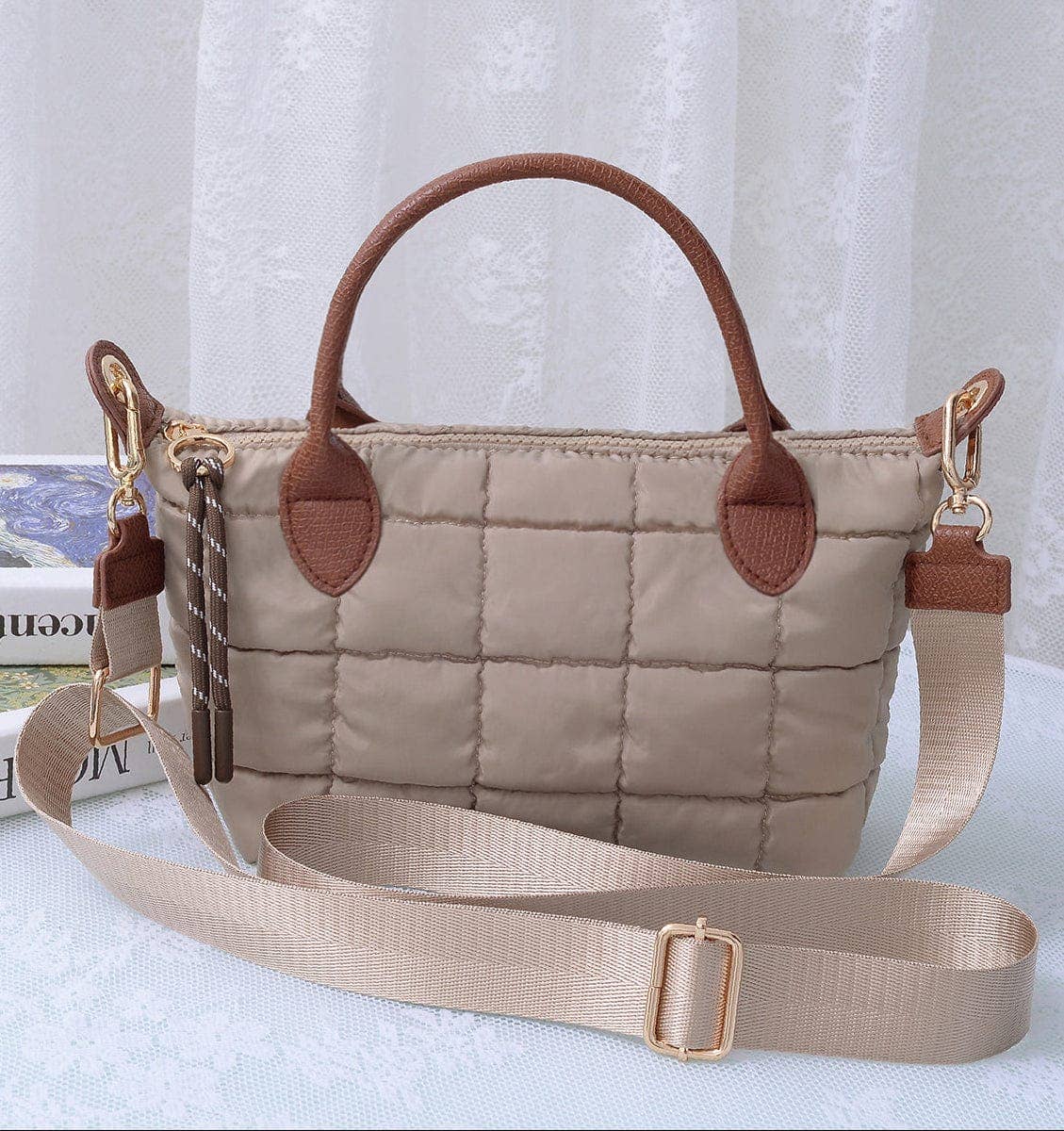 Quilted Puffer Satchel/Crossbody Bag - taupe