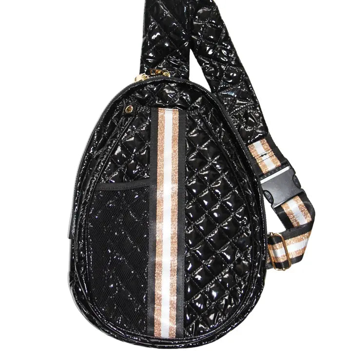 Pickle Ball Bag Black Patent w/ Gold Stripe